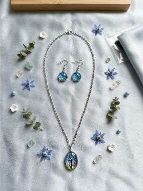 Blue Tree of Life Pendant Necklace and Earrings Set